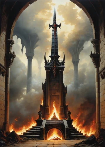 pillar of fire,hall of the fallen,conflagration,the conflagration,the eternal flame,sepulchre,burning torch,fireplaces,castle of the corvin,templedrom,portal,city in flames,heroic fantasy,cauldron,mausoleum ruins,the throne,burning earth,smouldering torches,the white torch,haunted cathedral,Conceptual Art,Fantasy,Fantasy 29
