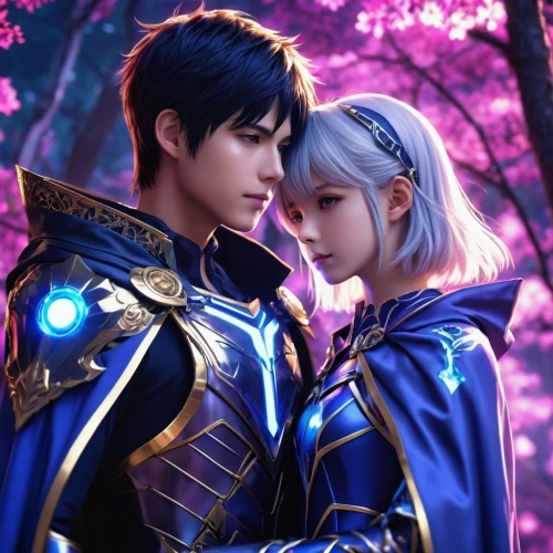 gentiana,prince and princess,valentine banner,monsoon banner,beautiful couple,reizei,romantic portrait,blue petals,cg artwork,knights,valentines day background,cosplay image,couple goal,throughout the game of love,fantasy picture,dusk background,lancers,merlin,loving couple sunrise,sigma,Photography,General,Realistic