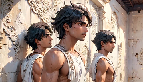 the three magi,greek gods figures,aladin,three kings,three pillars,stone statues,guards of the canyon,aladha,romans,aladdin,statues,white temple,ancient people,holy 3 kings,male character,three wise men,the sculptures,holy three kings,magi,warrior east,Anime,Anime,General