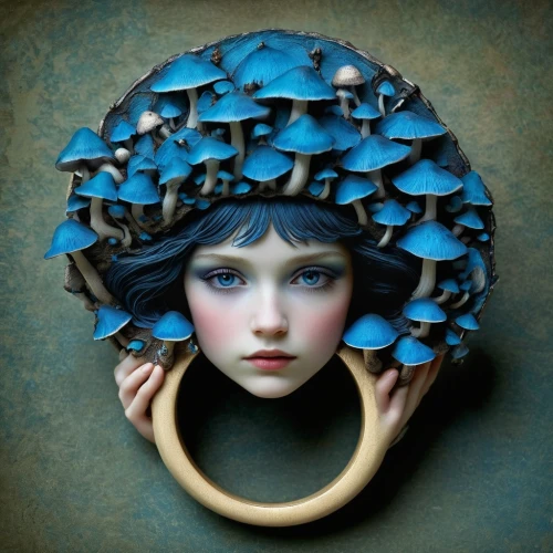 girl in a wreath,tambourine,blue mushroom,girl with a wheel,headpiece,blue leaf frame,woman's hat,headdress,cloche hat,the hat of the woman,circle shape frame,crystal ball-photography,beautiful bonnet,bicycle helmet,head ornament,dreams catcher,mazarine blue,girl wearing hat,wind rose,the hat-female,Photography,Documentary Photography,Documentary Photography 29
