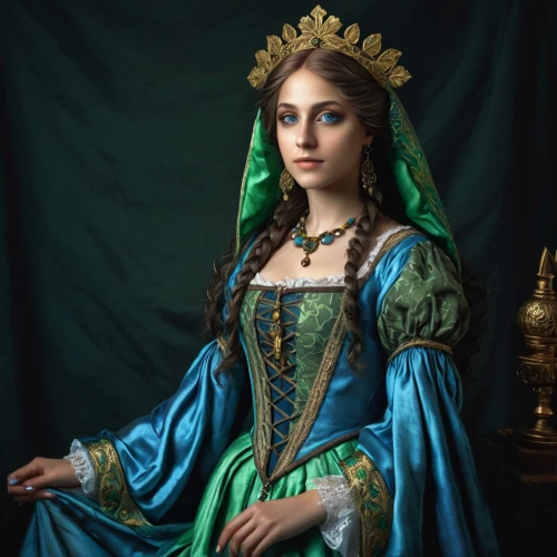 miss circassian,the prophet mary,cepora judith,the carnival of venice,celtic queen,priestess,victorian lady,cleopatra,blue enchantress,catarina,russian folk style,artemisia,the angel with the veronica veil,pride of madeira,ukrainian,gothic portrait,venetia,green and blue,vestment,caucasus,Conceptual Art,Fantasy,Fantasy 27