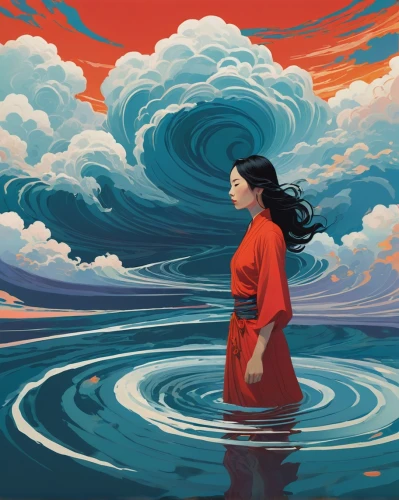 the wind from the sea,japanese waves,japanese wave,adrift,wind wave,ocean,world digital painting,han thom,mulan,water lotus,sea,the endless sea,tidal wave,submerged,digital illustration,ocean waves,rogue wave,flowing,currents,exploration of the sea,Illustration,Vector,Vector 05