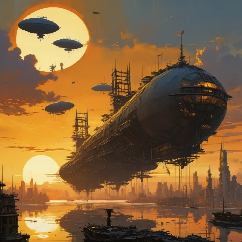 airships,airship,sci fiction illustration,zeppelins,futuristic landscape,scifi,sci - fi,sci-fi,sci fi,space ships,alien ship,heliosphere,gas planet,ufo,science fiction,air ship,space ship,factory ship,apiarium,very large floating structure,Conceptual Art,Sci-Fi,Sci-Fi 01