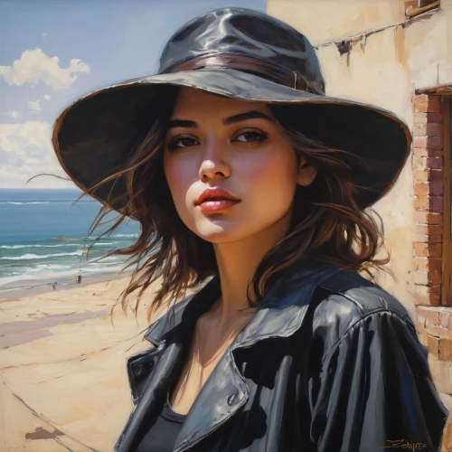 girl wearing hat,vietnamese woman,girl on the dune,oil painting,oil painting on canvas,girl portrait,italian painter,leather hat,high sun hat,straw hat,oil on canvas,sun hat,black hat,romantic portrait,han thom,panama hat,woman's hat,artist portrait,portrait of a girl,painting technique,Conceptual Art,Fantasy,Fantasy 15