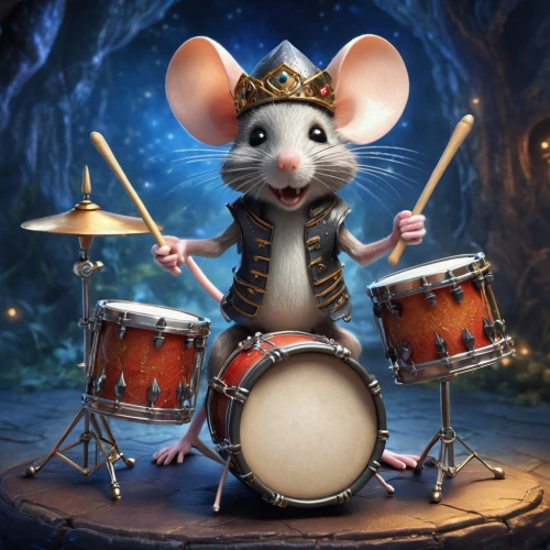 musical rodent,tom-tom drum,rat,drummer,rataplan,rat na,year of the rat,bandleader,hi-hat,drumming,dormouse,ratatouille,snare,mice,rodents,percussionist,monkeys band,cymbals,conductor,white footed mice,Illustration,Realistic Fantasy,Realistic Fantasy 02