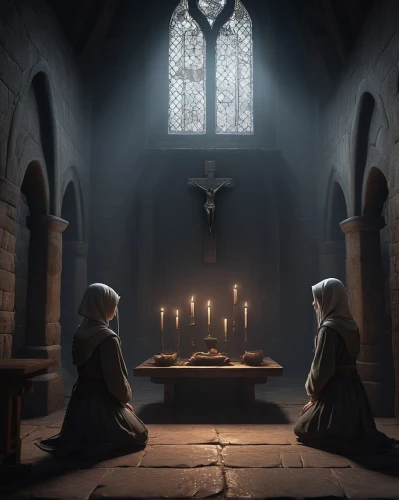 the annunciation,nuns,candlemas,candlelights,candlelight,eucharist,communion,candlemaker,monks,sanctuary,candles,church faith,girl praying,candle light,prayer,house of prayer,angels,hall of the fallen,dandelion hall,candlesticks,Illustration,Realistic Fantasy,Realistic Fantasy 17