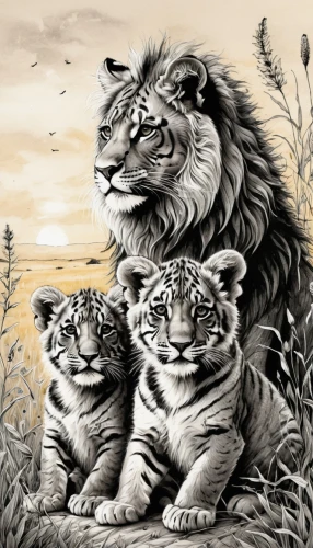 big cats,white lion family,lionesses,lion children,lion father,lions,three kings,male lions,cat family,lion with cub,two lion,tigers,line art animals,lions couple,coloring page,mother and children,lion white,the mother and children,fathers and sons,panthera leo,Illustration,Paper based,Paper Based 08