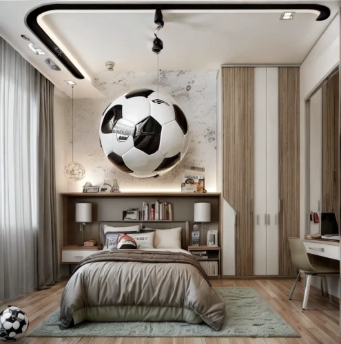 ceiling fixture,ceiling lamp,ceiling light,ceiling-fan,modern room,loft,soccer ball,wall lamp,modern decor,great room,ceiling lighting,sleeping room,stucco ceiling,kids room,wall & ball sports,interior decoration,concrete ceiling,children's bedroom,pallone,ceiling fan