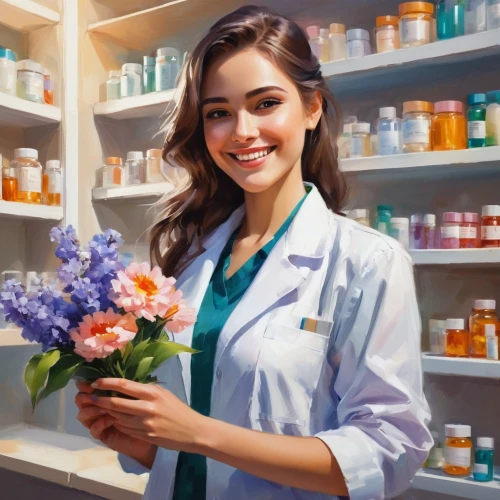 pharmacist,pharmacy,medical illustration,flower painting,apothecary,florist,chemist,health care provider,female doctor,healthcare medicine,pharmacy technician,healthcare professional,beautiful girl with flowers,homeopathically,dental hygienist,female nurse,medical care,dermatologist,nutraceutical,medicine icon,Conceptual Art,Oil color,Oil Color 03