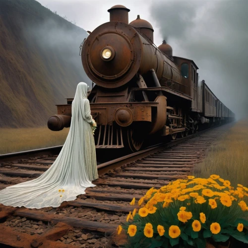 wedding dress train,conceptual photography,yellow rose on rail,ghost locomotive,photo manipulation,train of thought,photomanipulation,photoshop manipulation,fantasy picture,dead bride,train cemetery,hogwarts express,the train,wedding photography,ghost train,model train,white rose on rail,celtic woman,locomotive,love in the mist,Conceptual Art,Daily,Daily 09