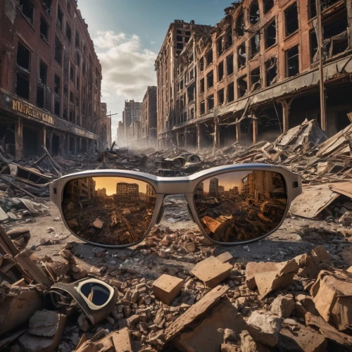 aviator sunglass,post apocalyptic,ray-ban,eye protection,apocalyptic,lens reflection,sunglass,spectacle,destroyed city,silver framed glasses,myopia,post-apocalypse,eye glass accessory,eyewear,post-apocalyptic landscape,sun glasses,dystopia,cyber glasses,luxury decay,sunglasses,Photography,General,Natural