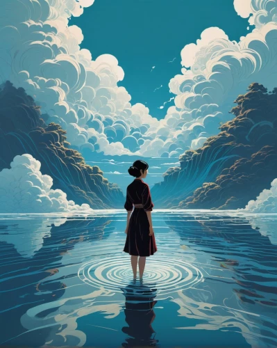 adrift,studio ghibli,the endless sea,ocean,exploration of the sea,world digital painting,the wind from the sea,floating island,submerged,sea,the sea,sea landscape,the horizon,calm water,the body of water,the shallow sea,blue waters,blue planet,walk on water,blue sea,Illustration,Vector,Vector 05
