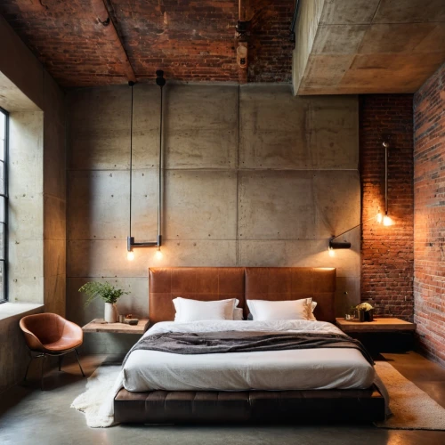 loft,concrete ceiling,exposed concrete,wooden wall,corten steel,sleeping room,wooden beams,wall lamp,contemporary decor,bedroom,modern decor,wall plaster,brick house,scandinavian style,interiors,guest room,interior design,rustic,boutique hotel,bronze wall,Photography,General,Cinematic