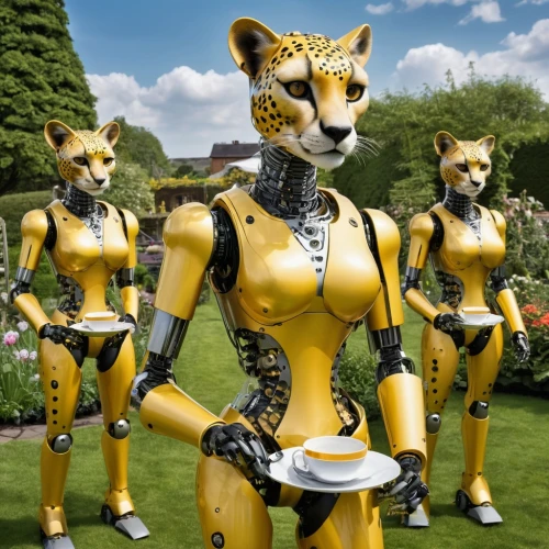 anthropomorphized animals,cheetahs,lawn ornament,garden statues,royal tiger,felidae,tigers,liger,mow,cheetah,big cats,patrols,felines,cgi,tigerle,aaa,yellow garden,golden weddings,dogecoin,garden party