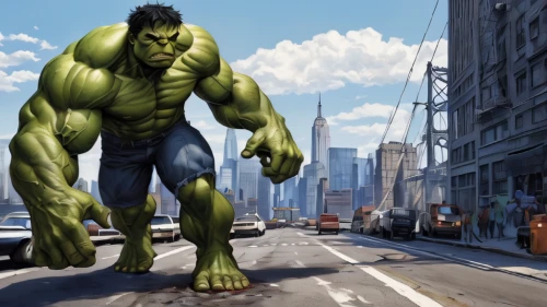 avenger hulk hero,cleanup,hulk,incredible hulk,minion hulk,aaa,marvel comics,patrol,wall,strongman,thane,lopushok,ogre,crosswalk,marvels,superhero background,muscle man,concept art,new york streets,a pedestrian,Illustration,Realistic Fantasy,Realistic Fantasy 06