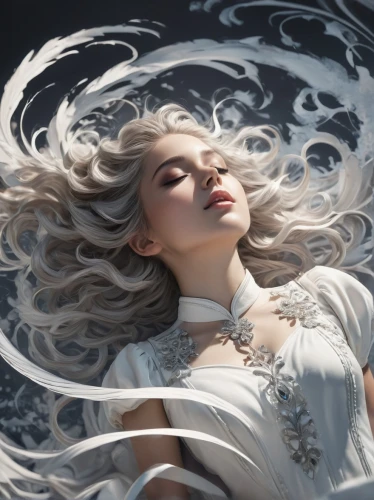 white rose snow queen,the snow queen,moonflower,the sleeping rose,white lady,ice queen,gracefulness,filigree,fantasy portrait,mystical portrait of a girl,eternal snow,wind wave,siren,ethereal,the wind from the sea,white swan,the blonde in the river,awakening,fantasy picture,celestial body,Photography,General,Fantasy