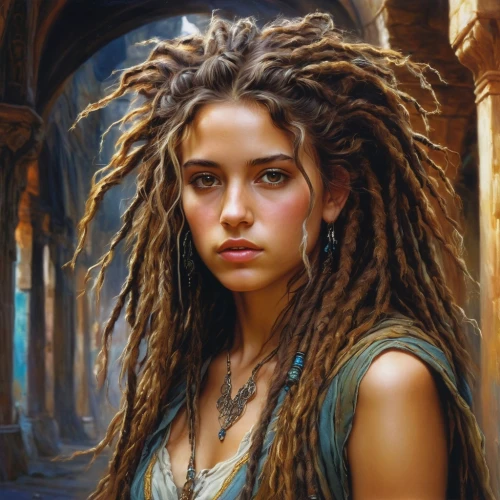 dreadlocks,fantasy art,mystical portrait of a girl,fantasy portrait,romantic portrait,girl in a historic way,dread,girl portrait,the enchantress,boho art,dreads,willow,warrior woman,world digital painting,young woman,oil painting on canvas,celtic queen,fantasy picture,female warrior,portrait of a girl,Photography,Documentary Photography,Documentary Photography 37