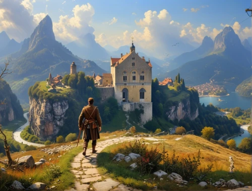 witcher,fantasy landscape,fantasy picture,heroic fantasy,fantasy art,the wanderer,mountain settlement,world digital painting,fantasy world,massively multiplayer online role-playing game,landscape background,game art,adventure game,castle of the corvin,wanderer,home landscape,wander,game illustration,action-adventure game,high landscape,Photography,General,Realistic