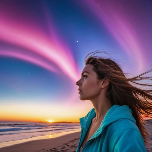 girl on the dune,rainbow waves,colorful background,colorful light,rainbow background,northen lights,creative background,aurora colors,auroras,gradient effect,mystical portrait of a girl,atmospheric phenomenon,wind wave,aurora,self hypnosis,natural spectacle,nothern lights,intense colours,northen light,ear of the wind,Photography,General,Realistic