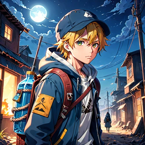 darjeeling,meteora,cg artwork,anime boy,anime japanese clothing,blue-collar worker,game illustration,construction worker,astronomer,anime cartoon,nikko,moon and star background,background images,violet evergarden,starry sky,leo,kid hero,hardhat,would a background,engineer,Anime,Anime,Realistic