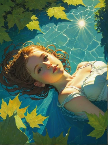 girl lying on the grass,idyll,water nymph,girl in the garden,lying down,summer day,the blonde in the river,girl on the river,submerged,rusalka,idyllic,flora,siren,studio ghibli,lilly pond,summer evening,the sleeping rose,in the summer,fantasy portrait,watery heart,Illustration,Realistic Fantasy,Realistic Fantasy 04