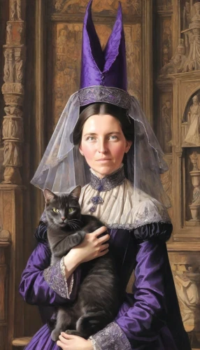 victorian lady,the hat of the woman,girl with dog,la violetta,gothic portrait,victorian fashion,cat portrait,veil purple,napoleon cat,the victorian era,victorian style,portrait of a woman,woman's hat,cat image,witch hat,cat european,scottish terrier,cat mom,stepmother,cat,Digital Art,Comic