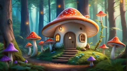 mushroom landscape,fairy house,fairy village,mushroom island,fairy forest,house in the forest,fairy chimney,scandia gnomes,forest mushroom,toadstools,club mushroom,gnomes,witch's house,enchanted forest,toadstool,tree house,fairy world,tree mushroom,forest mushrooms,fairytale forest,Illustration,Realistic Fantasy,Realistic Fantasy 01