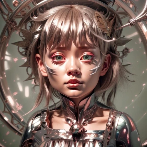 marionette,cyborg,cybernetics,humanoid,alice,biomechanical,mystical portrait of a girl,fantasy portrait,echo,painter doll,artist doll,child fairy,fae,faery,cyber,cyberspace,red eyes,dryad,child girl,doll head