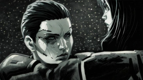 widow's tears,shepard,detail shot,widow,sci fiction illustration,confrontation,face to face,widowmaker,dispute,washes,gothic portrait,birds of prey-night,grainau,game drawing,dark art,two people,examining,john doe,graves,abduction,Art sketch,Art sketch,Comic