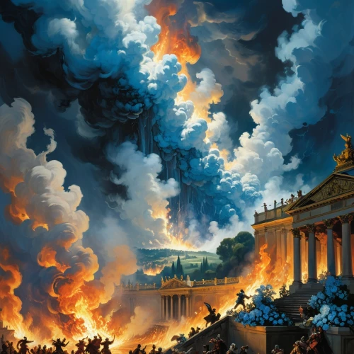 rome 2,apocalypse,the conflagration,pillar of fire,vittoriano,apocalyptic,armageddon,the parthenon,the eruption,ancient rome,parthenon,theater of war,burning earth,fall of the druise,city in flames,eternal city,conflagration,eruption,inferno,the ancient world,Conceptual Art,Oil color,Oil Color 04