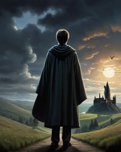 hogwarts,harry potter,house silhouette,potter,fantasy picture,hobbit,albus,castle of the corvin,jrr tolkien,cg artwork,king of the ravens,sci fiction illustration,heroic fantasy,hamelin,cloak,the wanderer,magical adventure,pilgrimage,overcoat,cape,Conceptual Art,Sci-Fi,Sci-Fi 25