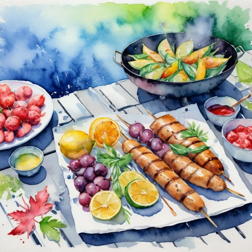 watercolor fruit,summer foods,seafood boil,watercolor background,watercolor tea,summer bbq,grilled vegetables,barbecue,watercolor painting,watercolor paint,watercolor,watercolors,summer fruit,fruit plate,watercolor cafe,grilled food,fruits and vegetables,grilled food sketches,watercolor pencils,watercolor texture,Illustration,Paper based,Paper Based 25