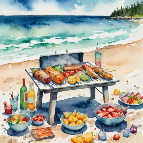 summer bbq,barbecue,summer foods,barbeque,bbq,barbecue area,seafood boil,grilled food sketches,summer party,grilled food,beach restaurant,picnic,summer day,picnic basket,sea foods,watercolor background,summer still-life,cooking book cover,outdoor cooking,food table,Illustration,Paper based,Paper Based 25