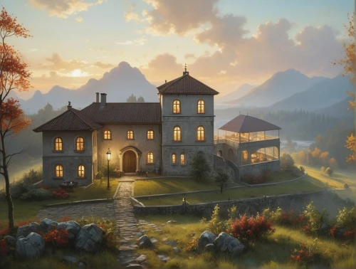 house in mountains,house in the mountains,home landscape,alpine village,lonely house,mountain settlement,autumn landscape,swiss house,autumn idyll,autumn morning,church painting,traditional house,ancient house,country house,house in the forest,house painting,fantasy landscape,farm house,little house,mountain village,Photography,General,Realistic