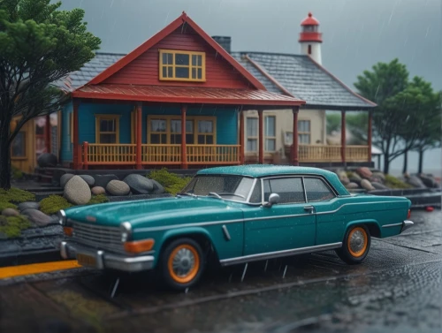 volvo 66,retro car,volvo 164,retro vehicle,volvo amazon,rainy day,retro automobile,lonely house,rainy,station wagon-station wagon,little house,3d car model,world digital painting,volvo 440,volvo 140 series,old car,house by the water,digital painting,miniature house,antique car,Photography,General,Fantasy