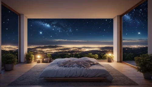 bedroom window,sleeping room,starry sky,great room,night sky,bedroom,sky apartment,the night sky,stargazing,starry night,starry,nightsky,sky space concept,moon and star background,night image,dreams,hanging stars,star sky,starscape,modern room,Photography,General,Realistic