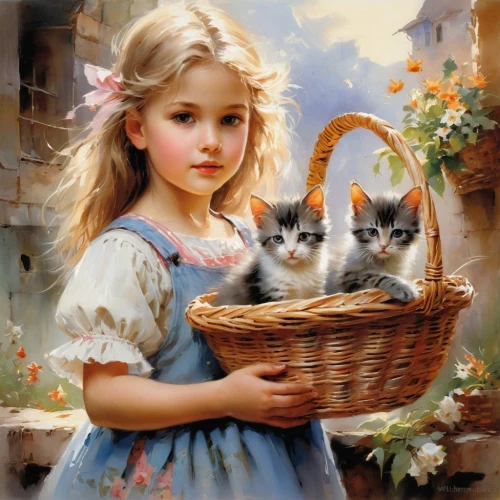 oil painting,little boy and girl,cat lovers,childs,little girls,children's background,tenderness,white cat,oil painting on canvas,child portrait,cute cat,art painting,innocence,flowers in basket,little angels,kittens,girl and boy outdoor,vintage boy and girl,emile vernon,little cat,Conceptual Art,Oil color,Oil Color 03