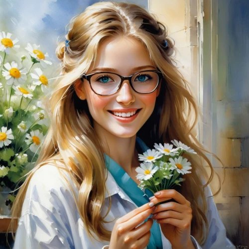 beautiful girl with flowers,girl in flowers,reading glasses,girl picking flowers,flower painting,romantic portrait,spectacles,holding flowers,young woman,splendor of flowers,eye glasses,a girl's smile,eyeglasses,oil painting,with glasses,daisies,silver framed glasses,picking flowers,girl portrait,girl studying,Conceptual Art,Oil color,Oil Color 03