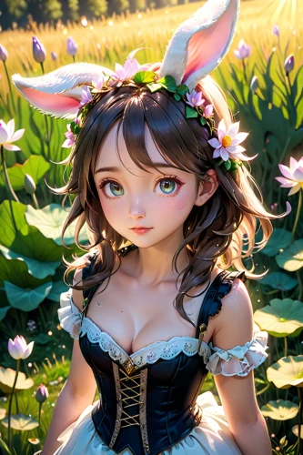 female hares,spring background,garden fairy,springtime background,flower fairy,lily of the field,fae,bunny,little bunny,cottontail,fairy tale character,girl in flowers,bunny on flower,faerie,lilly of the valley,clover meadow,field hare,flower background,blooming field,little girl fairy,Anime,Anime,Cartoon