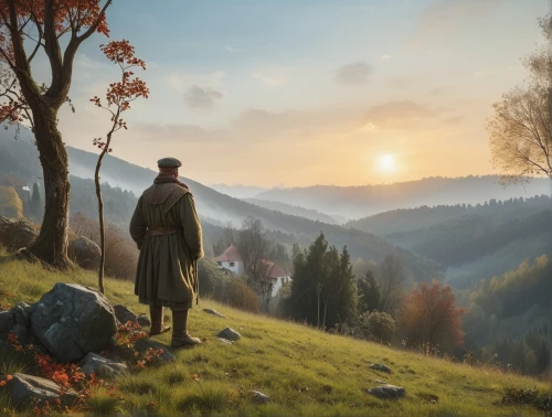 world digital painting,the wanderer,shepherd,autumn morning,transylvania,landscape background,autumn landscape,east-european shepherd,one autumn afternoon,autumn background,autumn idyll,pilgrim,bohemia,autumn light,digital compositing,carpathians,fantasy picture,bucovina,autumn day,germanic tribes,Photography,General,Realistic