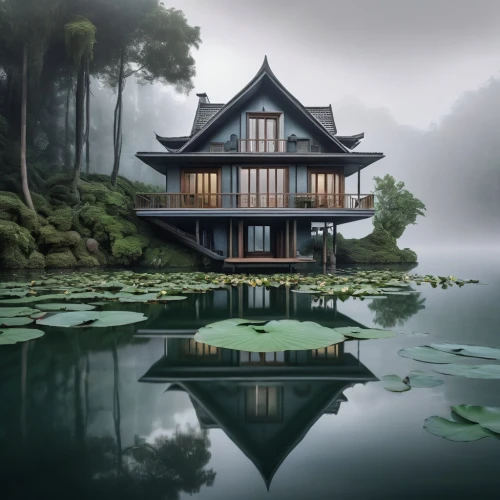 house with lake,asian architecture,house by the water,japanese architecture,chinese architecture,water lotus,floating huts,floating over lake,floating island,houseboat,world digital painting,wooden house,stilt house,sacred lotus,lotus pond,house in the forest,suzhou,tranquility,water palace,house in mountains,Photography,Artistic Photography,Artistic Photography 06