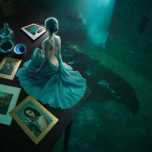 blue enchantress,blue room,fairytales,mystical portrait of a girl,mirror of souls,fantasy picture,water nymph,alice in wonderland,magic mirror,fairy peacock,divination,enchanted,the enchantress,girl with a dolphin,conceptual photography,cinderella,mermaid background,photomanipulation,alice,3d fantasy