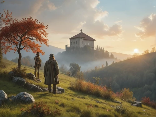 witcher,autumn morning,fantasy picture,pilgrimage,pilgrims,the wanderer,church painting,one autumn afternoon,autumn landscape,autumn idyll,transylvania,kings landing,monastery,the autumn,game illustration,autumn day,castle of the corvin,game art,autumn background,autumn theme,Photography,General,Realistic