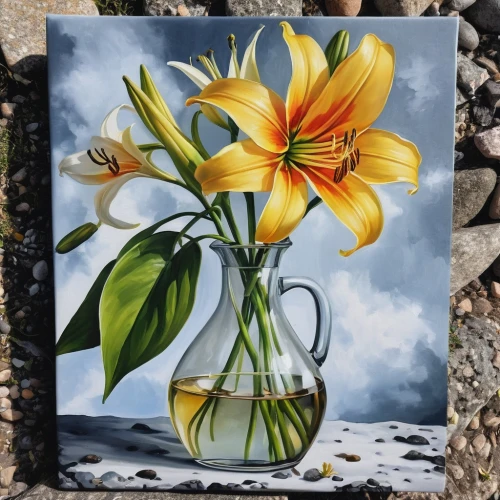 day lily plants,glass painting,sunflowers in vase,day lily,day lily flower,yellow daylilies,peruvian lily,glass vase,tasmanian flax-lily,yellow daylily,flower painting,lillies,floral greeting card,daylilies,easter lilies,lilies,yellow canada lily,hemerocallis,flowers in pitcher,yellow avalanche lily,Photography,General,Realistic