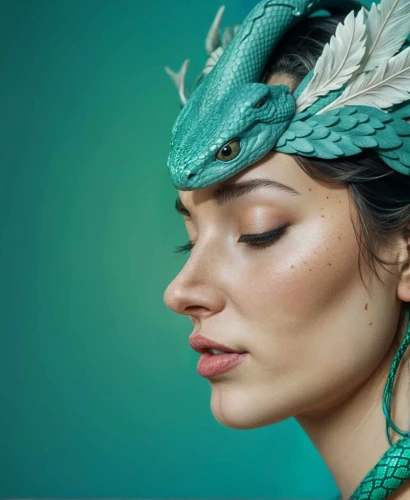 emerald lizard,green dragon,fairy peacock,feather headdress,crocodile woman,green mermaid scale,peacock feathers,miss circassian,genuine turquoise,feather jewelry,green lizard,the hat of the woman,headdress,turquoise,mermaid background,headpiece,color turquoise,peacock,merfolk,peacock feather