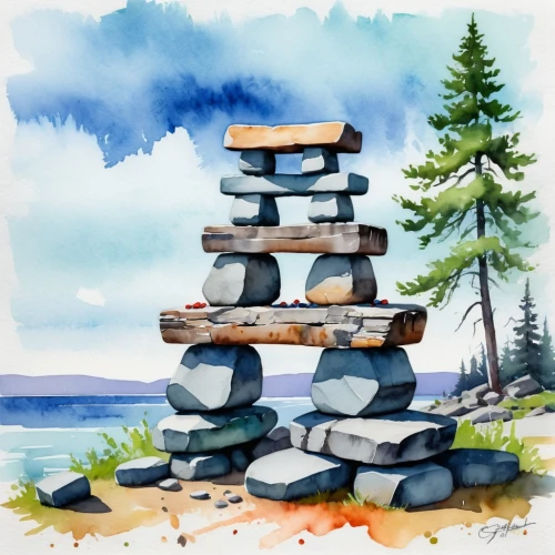 stacked rocks,stacked stones,stacking stones,stacked rock,rock stacking,stack of stones,rock cairn,cairn,rock balancing,watercolor background,stone balancing,background with stones,split rock,standing stones,chalk stack,rock painting,mountain stone edge,balanced boulder,rock art,landscape background,Illustration,Paper based,Paper Based 25