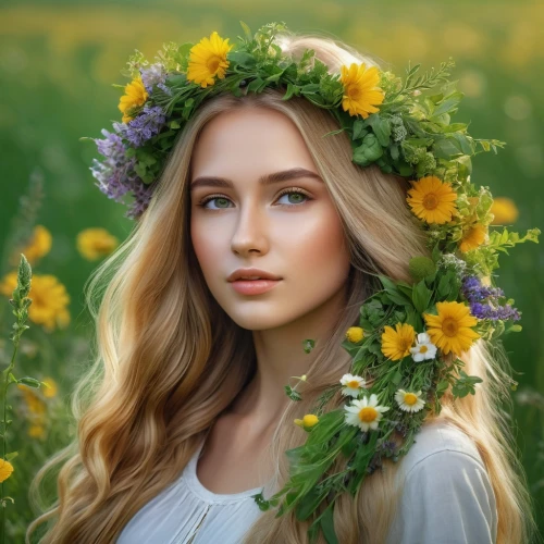 beautiful girl with flowers,girl in flowers,flower crown,floral wreath,blooming wreath,wreath of flowers,girl in a wreath,golden flowers,flower wreath,flower crown of christ,flower background,spring crown,flower garland,splendor of flowers,yellow daisies,romantic portrait,meadow flowers,yellow flowers,golden wreath,flower fairy,Illustration,Realistic Fantasy,Realistic Fantasy 26