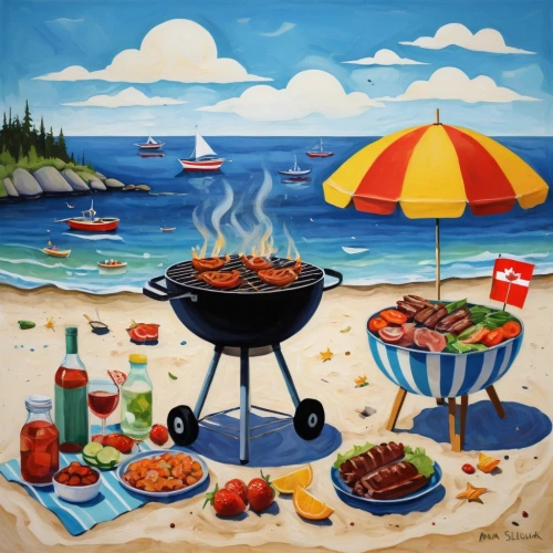 barbeque,summer bbq,barbecue,seafood boil,new england clam bake,barbecue area,barbecue grill,barbeque grill,outdoor cooking,bbq,beach restaurant,summer foods,grilled food,paella,painted grilled,outdoor grill,sea foods,summer still-life,cooking book cover,seaside country,Illustration,Abstract Fantasy,Abstract Fantasy 07