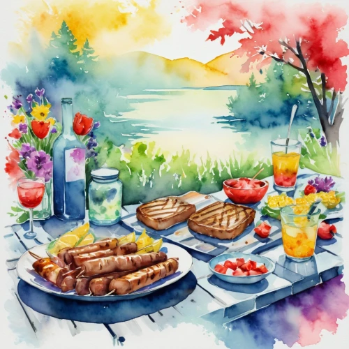 watercolor background,breakfast table,food table,barbecue,leittafel,garden breakfast,summer bbq,holiday table,autumn background,easter brunch,breakfast on board of the iron,summer foods,watercolor tea set,watercolor tea,breakfast outside,picnic basket,summer still-life,landscape background,thanksgiving background,welcome table,Illustration,Paper based,Paper Based 25
