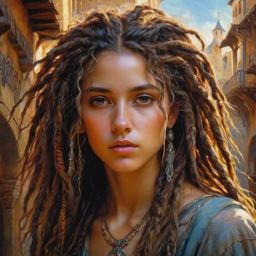 dreadlocks,fantasy portrait,fantasy art,artemisia,romantic portrait,world digital painting,warrior woman,girl in a historic way,celtic queen,female warrior,woman of straw,boho art,mystical portrait of a girl,ancient egyptian girl,oil painting on canvas,african american woman,girl portrait,the enchantress,oil painting,elaeis,Photography,Documentary Photography,Documentary Photography 37